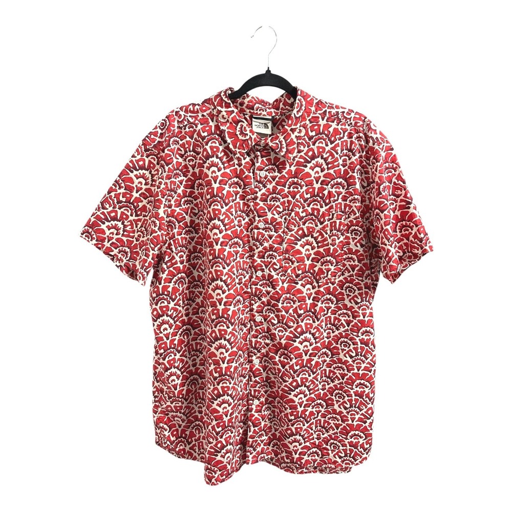 The North Face Men XXL Red Floral Print 100% Cotton Button-Up Short Sleeve Shirt